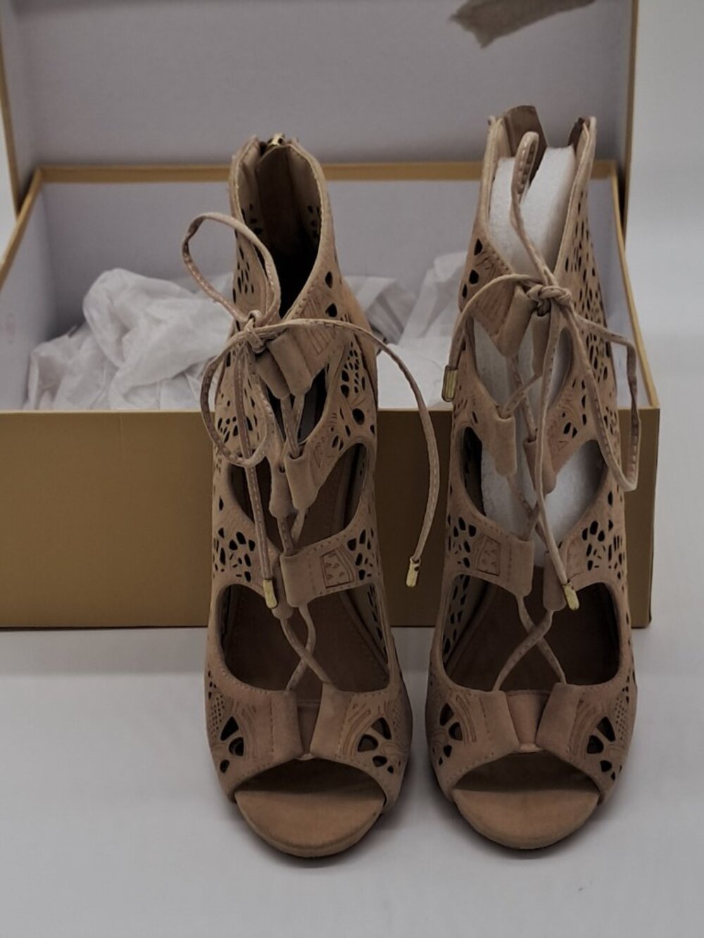 Steve Madden Maracan Suede Lace-up Ankle Open Toes Heels Tan/Nude/Beige Size 7M